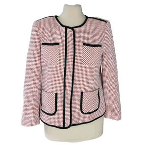 CeCe Cotton Tweed Style Blazer Cropped Black Piping Size 12 Career Twee